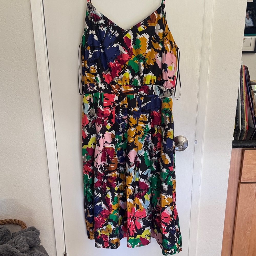 J. Crew Multicolor Abstract Print Midi Dress - Black, Green, Pink, Yellow, Blue